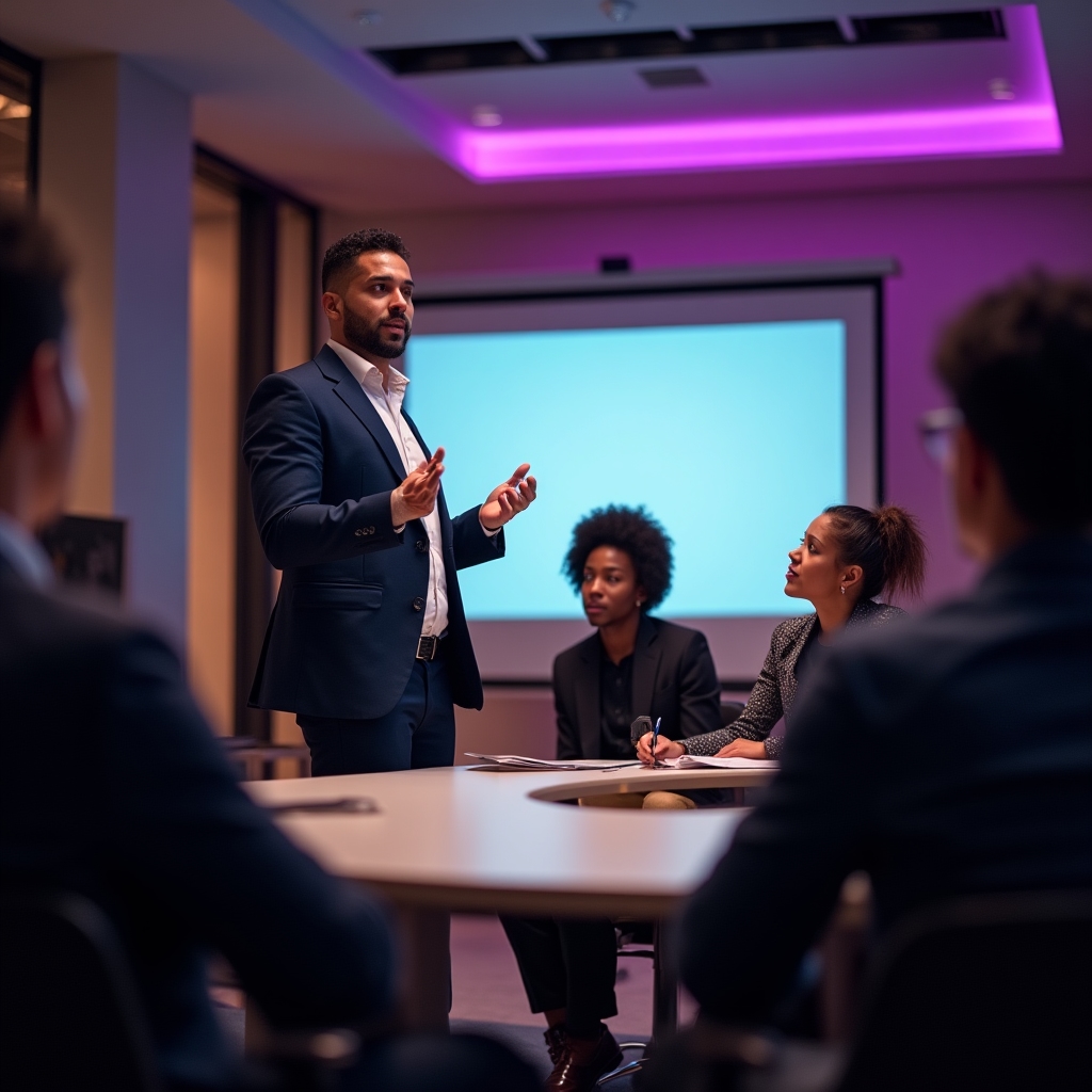 Entrepreneur presenting project pitch in workshop setting